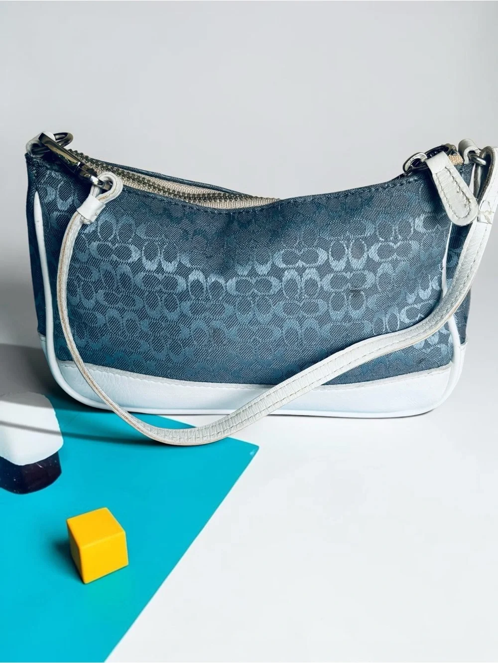 Coach Gray-Blue Signature Jacquard Shoulder Bag with White Trim